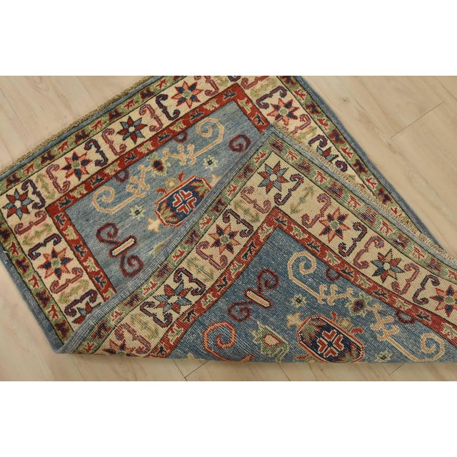 Kazak Rug 2’10” X 4′ Blue Wool Tribal Hand-Knotted Oriental Carpet For Sale - Image 9 of 10