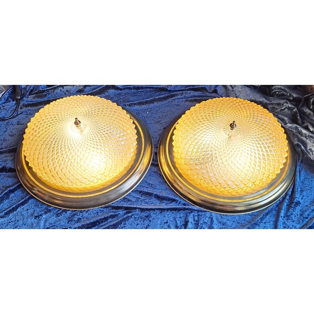 Vintage Ceiling Lamps with Brass Rim and Relief Glass Shade, 1970s, Set of 2 For Sale - Image 3 of 7