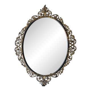 Vintage Italian Baroque Style Ornate Filigree Brass Oval Wall Mirror For Sale