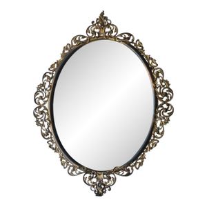 Vintage Italian Baroque Style Ornate Filigree Brass Oval Wall Mirror