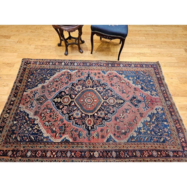 1900 - 1909 Vintage Persian Farahan Sarouk Rug, Hand-Knotted Wool, Floral Pattern, Rust Red & Blue, 5x7 For Sale - Image 5 of 17