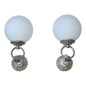 Pair, Arlus Style Neoclassical Hand Nickel & Round Opaline Glass Sconces France