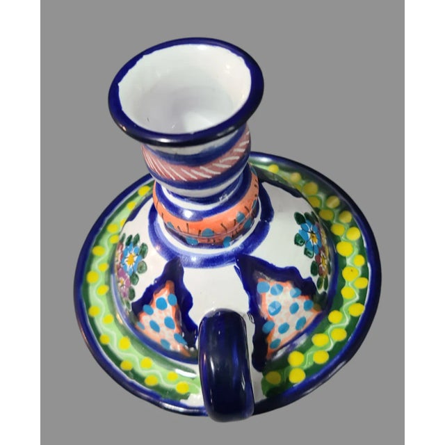 Vintage Hand Painted Colorful Terra-Cotta Mexican Talavera Chamber Candle Stick For Sale - Image 4 of 8