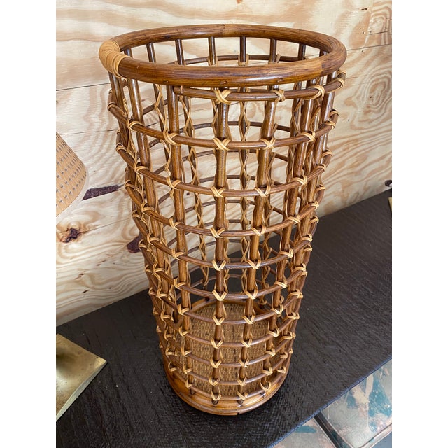French Audoux Minet-Style Rattan Umbrella Stand For Sale - Image 3 of 12
