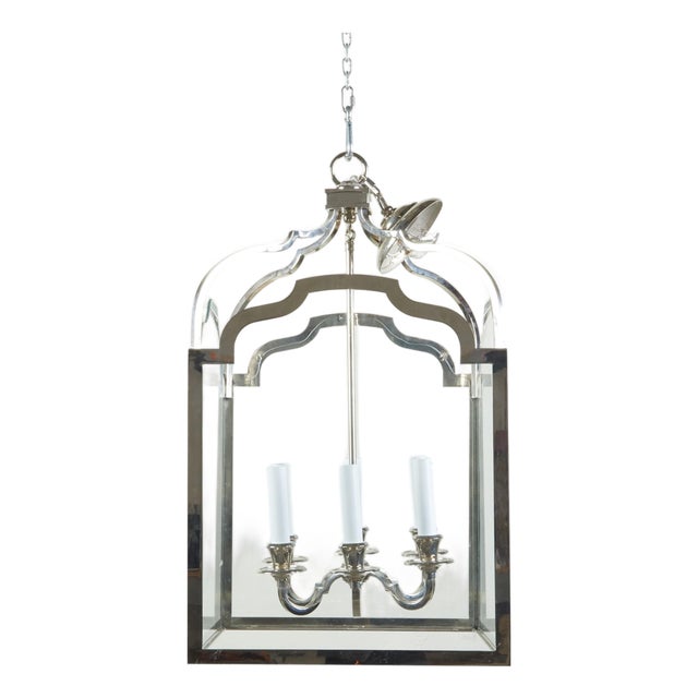 Mid 20th Century French Nickel Lantern with Six Scrolling Arms and Glass Panels For Sale