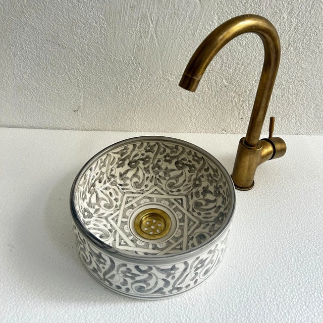 Moroccan Gray Ceramic Pottery Round Vessel Washbasin Sink for Bathroom With Brass Drain & Gifts For Sale - Image 3 of 9