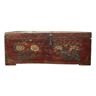 Vintage Floral Distressed Deep Red Rectangular Wood Trunk Box For Sale