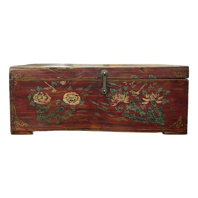 Vintage Floral Distressed Deep Red Rectangular Wood Trunk Box For Sale