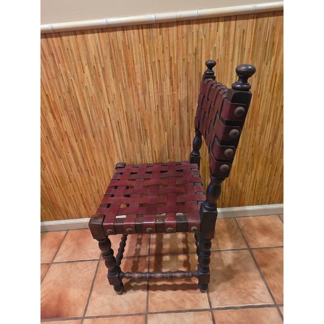 Mid 20th Century Spanish Set of Six Interlaced Leather Wooden Chairs For Sale In West Palm - Image 6 of 12