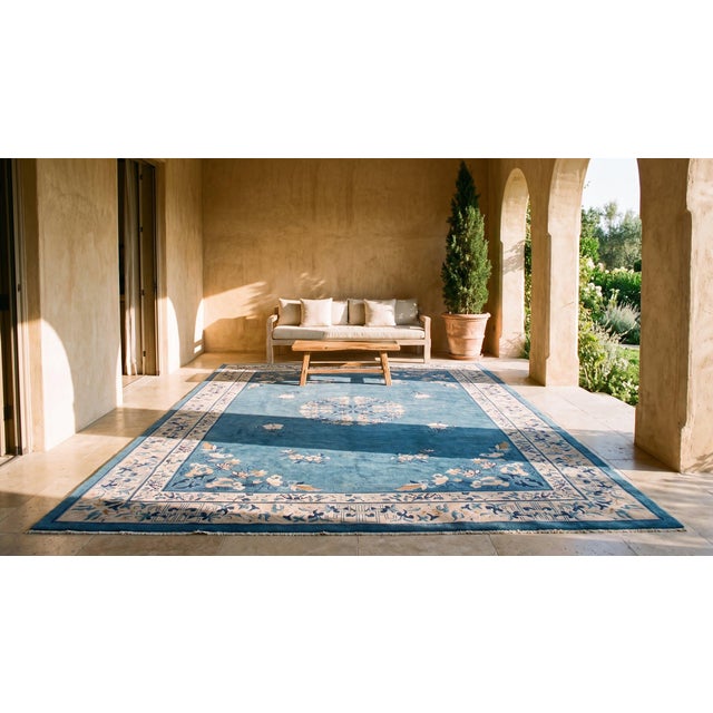 Astonishing Royal Blue Background Color With Pretty Floral-Medallion Design Antique Chinese Rug For Sale - Image 13 of 14