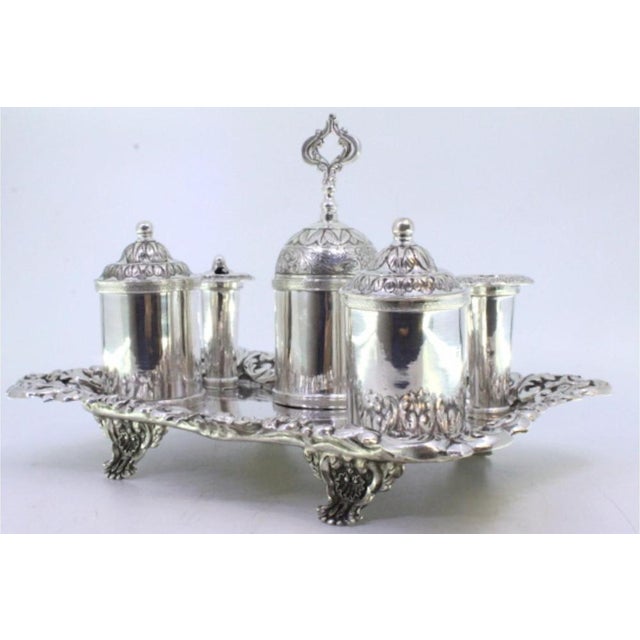 Relief Silver and Glass Inkwell with Pen Holders and Claw-Shaped Feet For Sale - Image 5 of 6