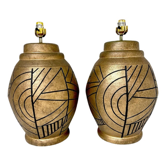 Large California Studios Earth Tone & Abstract Black Engraved Decoration - a Pair For Sale