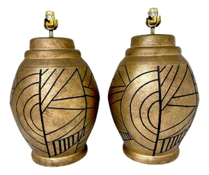 Large California Studios Earth Tone & Abstract Black Engraved Decoration - a Pair