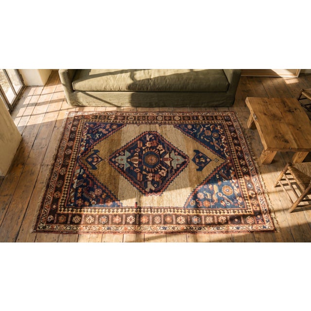 1880s Camel Medallion Tribal Antique Hand Knotted Persian Bijar Rug 4'5" X 5'9" Wool Carpet For Sale - Image 9 of 9