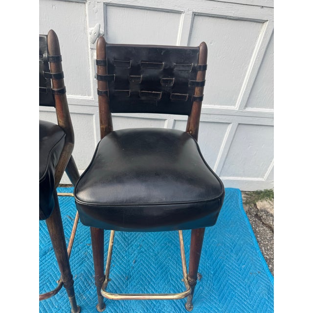Mid Century Modern Chairmasters Leather Webbed Bar or Counter Stool Set of 2 For Sale - Image 4 of 5
