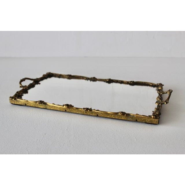 Vintage Mid-Century Rectangle German Style Floral Design Brass Frame Mirror Vanity Tray For Sale - Image 4 of 15