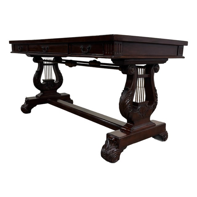 Vintage Empire Style Lyre Side Leather Top Writing Executive Library Desk For Sale