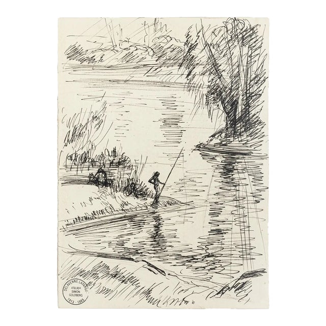 Fisherman - Original Pen Drawing by S. Goldberg - Mid 20th Century Mid 20th Century For Sale