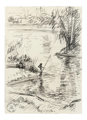 Fisherman - Original Pen Drawing by S. Goldberg - Mid 20th Century Mid 20th Century