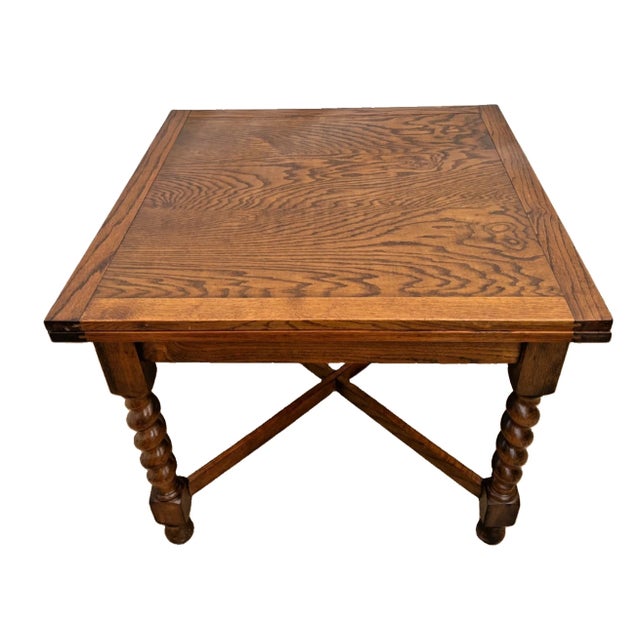 English Antique Expanding Pub Kitchen Table Barley Twist Legs English Tiger Oak For Sale - Image 3 of 13