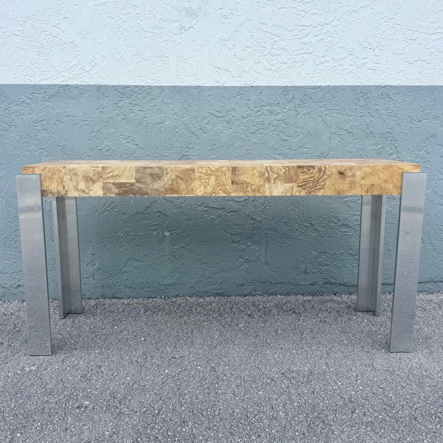 Brown Mid-Century Modern Burlwood Laminate and Chrome Console Table For Sale - Image 8 of 8
