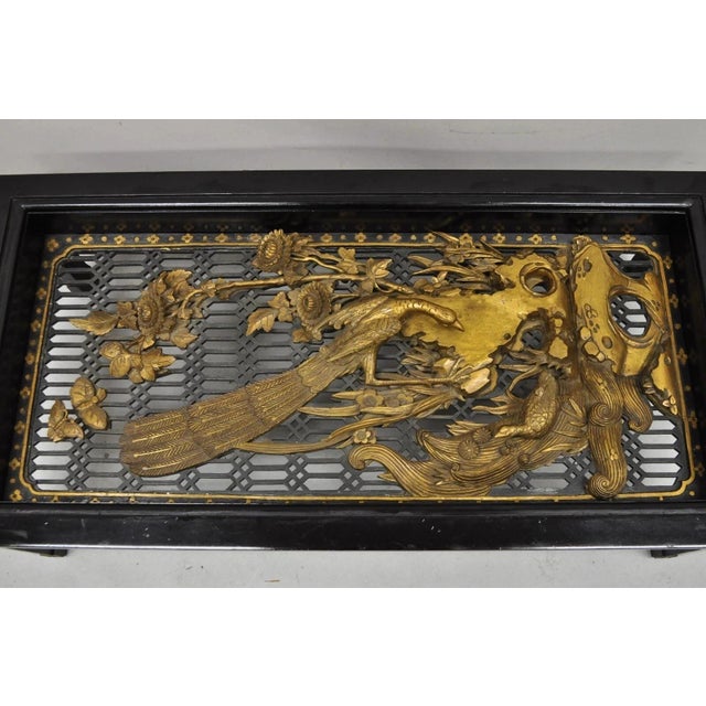 Chinoiserie Vintage Chinese Relief Carved Ho Ho Bird Glass Top Display Oriental Coffee Table For Sale - Image 3 of 13