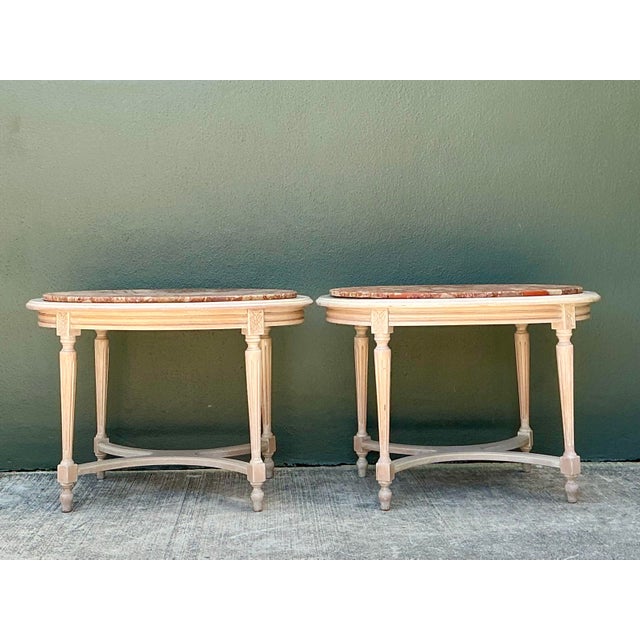 Wood Vintage Stone Top Carved Oval Side Tables - A Pair For Sale - Image 7 of 12