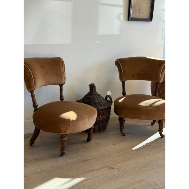 A charming set of low antique English chairs, likely late 19th century, each raised on turned walnut legs with original...