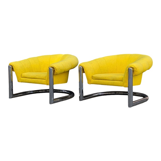 Pair of 1970s Channel-Back Barrel Lounge Chairs, Chrome Cantilever Base For Sale