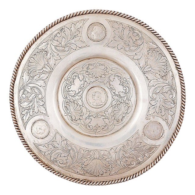 Antique Silver Plate with Four Portuguese Coins, 1900s For Sale
