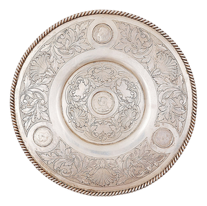 Antique Silver Plate with Four Portuguese Coins, 1900s