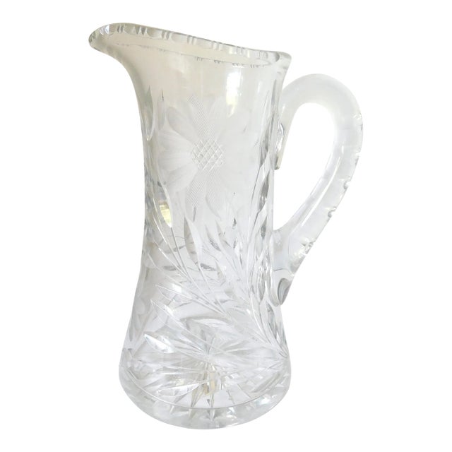 Heavy Brilliant Cut Crystal Vintage Pitcher, Floral & Leaf Design, Water, Wine, Cocktails, Drinks For Sale