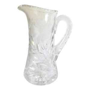 Heavy Brilliant Cut Crystal Vintage Pitcher, Floral & Leaf Design, Water, Wine, Cocktails, Drinks