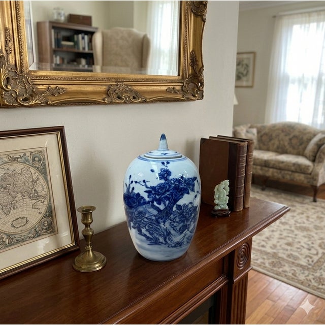 Blue Oriental Flowers Graphic Blue White Point Lid Oval Porcelain Jar For Sale - Image 8 of 8