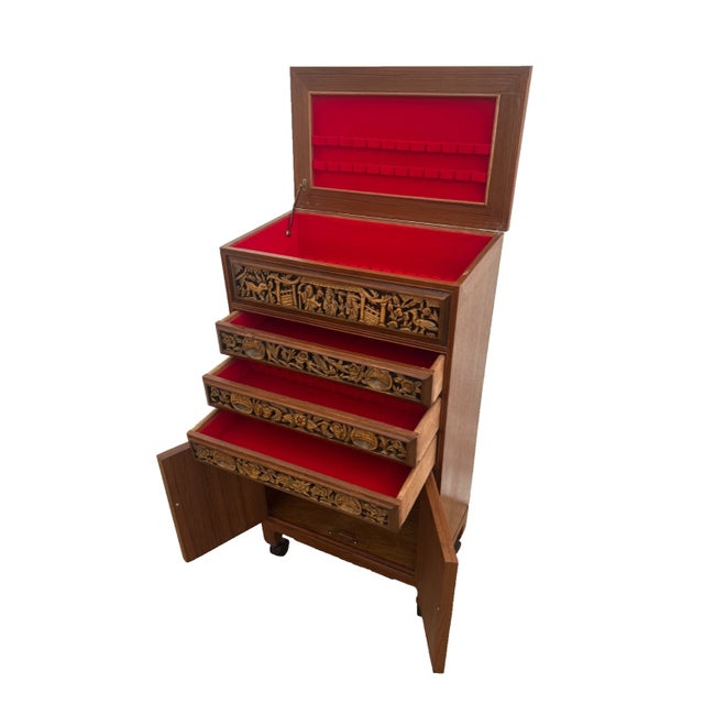1970s 1970s Mid Century Chinese Cabinet, Silverware Storage, Three Drawer's Hand Carved For Sale - Image 5 of 17