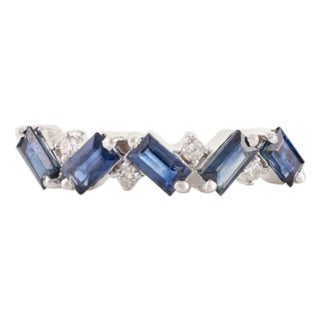 Baguette Blue Sapphire & Diamond Geometric Half Eternity Band Size 7 in 14k Gold For Sale