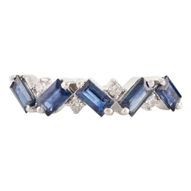 Baguette Blue Sapphire & Diamond Geometric Half Eternity Band Size 7 in 14k Gold For Sale