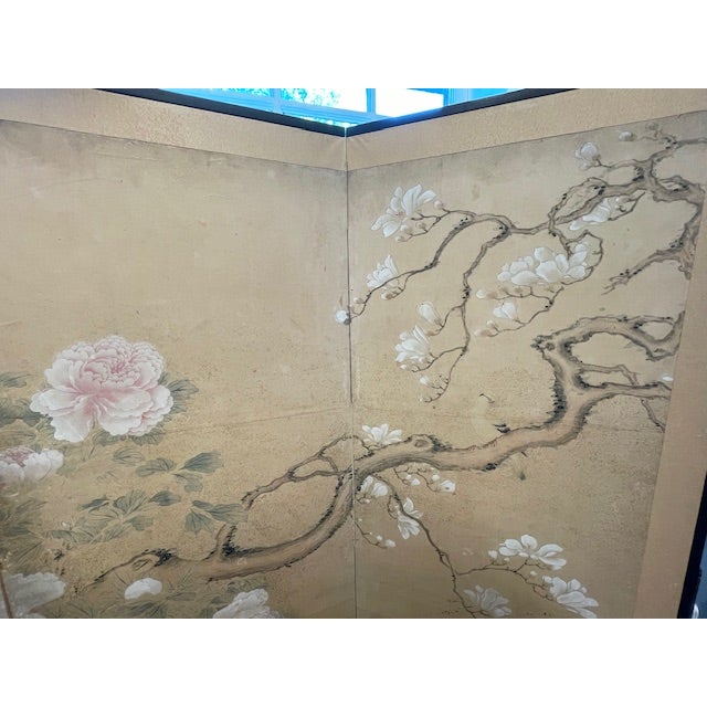 Metal Vintage Japanese Byobu Four Panel Red Floral Gold Screen For Sale - Image 7 of 8
