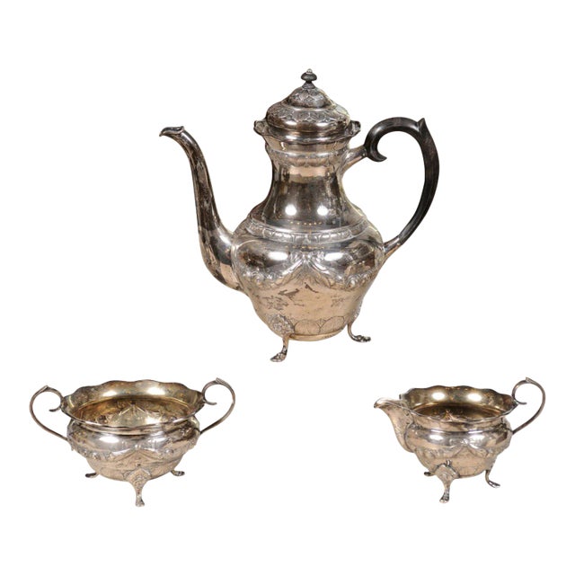 Danish 1930s Johannes Siggaard Three-Piece Silver Coffee Set with Ebony Handle - Set of 3 For Sale