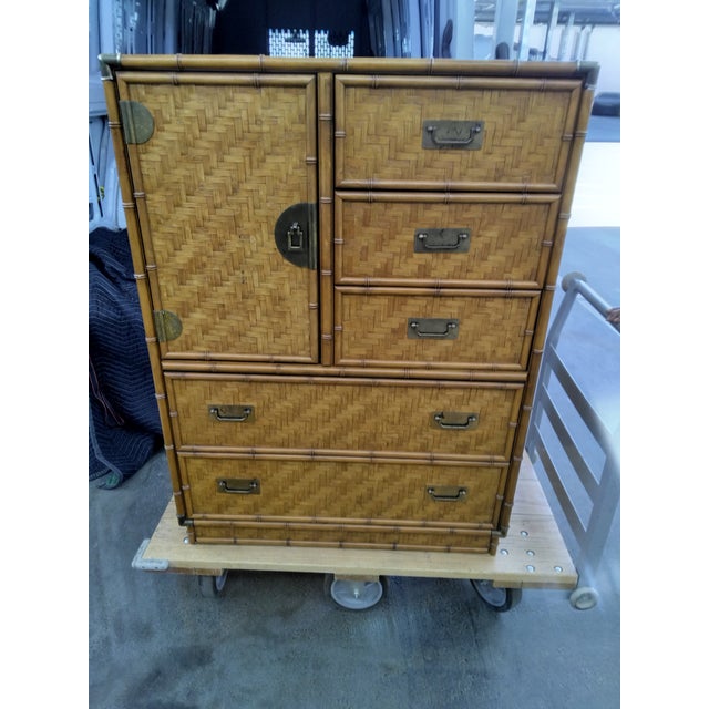 Dixie Furniture Co. Vintage Dixie Rattan & Wicker Armoire With Brass Handles For Sale - Image 4 of 10