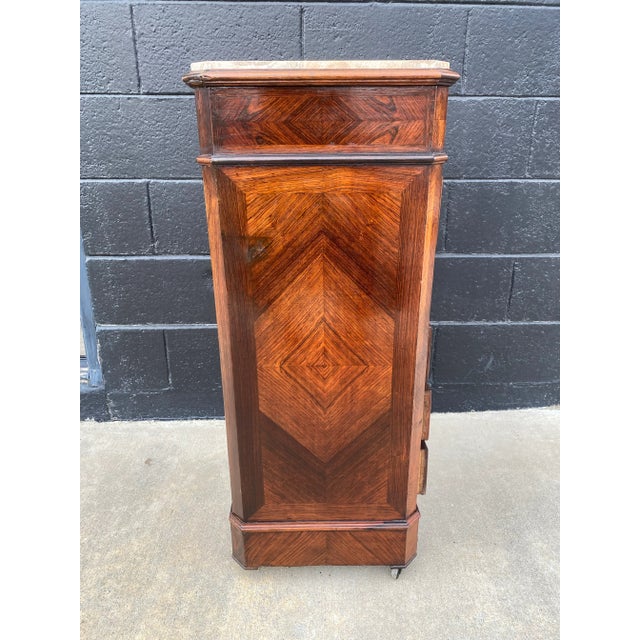 19th Century French Walnut Marquetry Nightstand With Marble Top and Original Casters For Sale - Image 4 of 11
