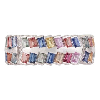 2.3 Ct Modern Multi Sapphire & Diamond Band Ring in 925 Sterling Silver, Size 6 For Sale