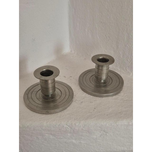 Metal Art Deco Swedish Grace Candleholders in Pewter attributed to Sylvia Stave, 1933, Set of 2 For Sale - Image 7 of 9