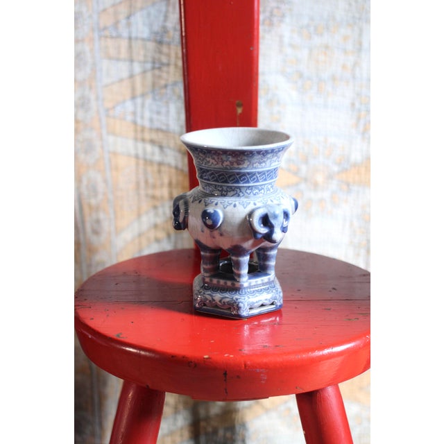 1970s Frederick Cooper Blue and White Ram Vase For Sale - Image 9 of 10
