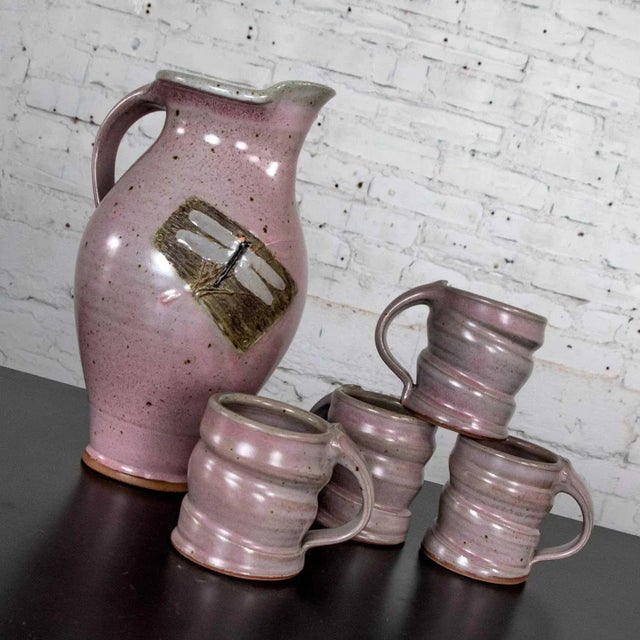 Modern Hot Chocolate/Drink Set Purple Studio Pottery Ceramic Signed Powell, Pitcher & 4 Cups For Sale - Image 6 of 13