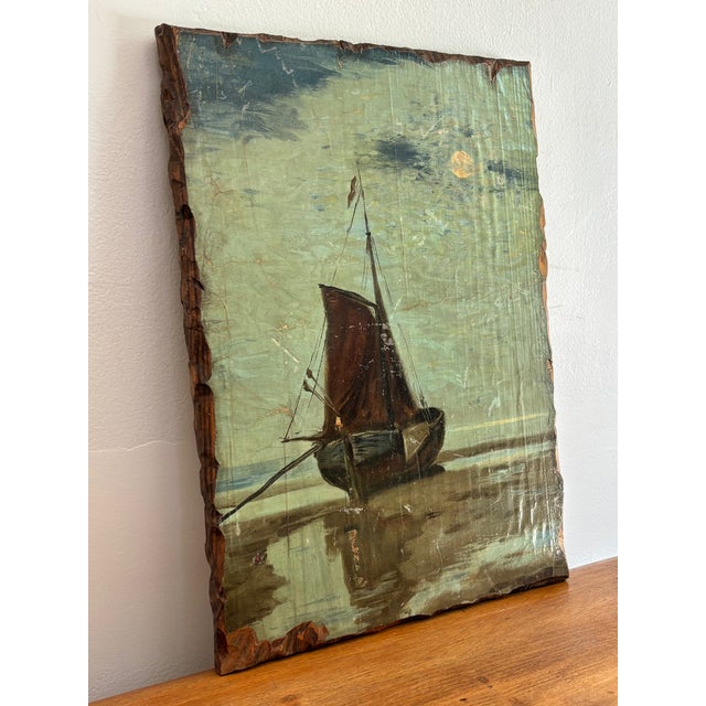 Rustic 1970s Moody Nautical Sailboat Wood-Mounted Nocturne Print For Sale - Image 3 of 8