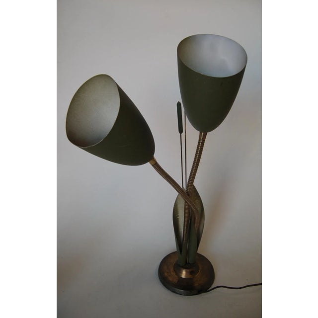 Green metal mid century double gooseneck adjustable flex arm calla lily cone desk table lamp. 3 way light switch. Measures...