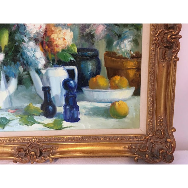 Wood Vintage Still Life With Flowers Oil Painting by Manuel Cuberos For Sale - Image 7 of 12