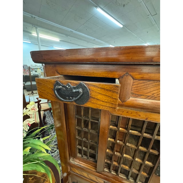 Vintage Korean-Style Wooden Storage Tansu Cabinet With Lattice Doors & Iron Hardware For Sale - Image 10 of 12