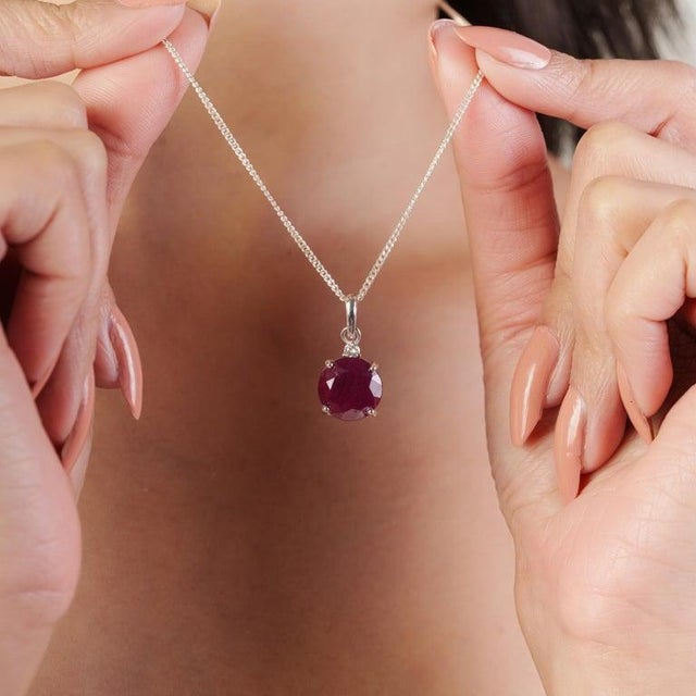 Modern Round Cut Ruby Gemstone Dainty Pendant in 925 Sterling Silver For Sale - Image 6 of 12